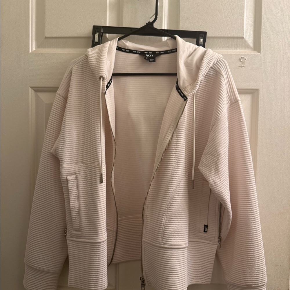 DKNY Off-White Ribbed Zip Hoodie with Logo Tab